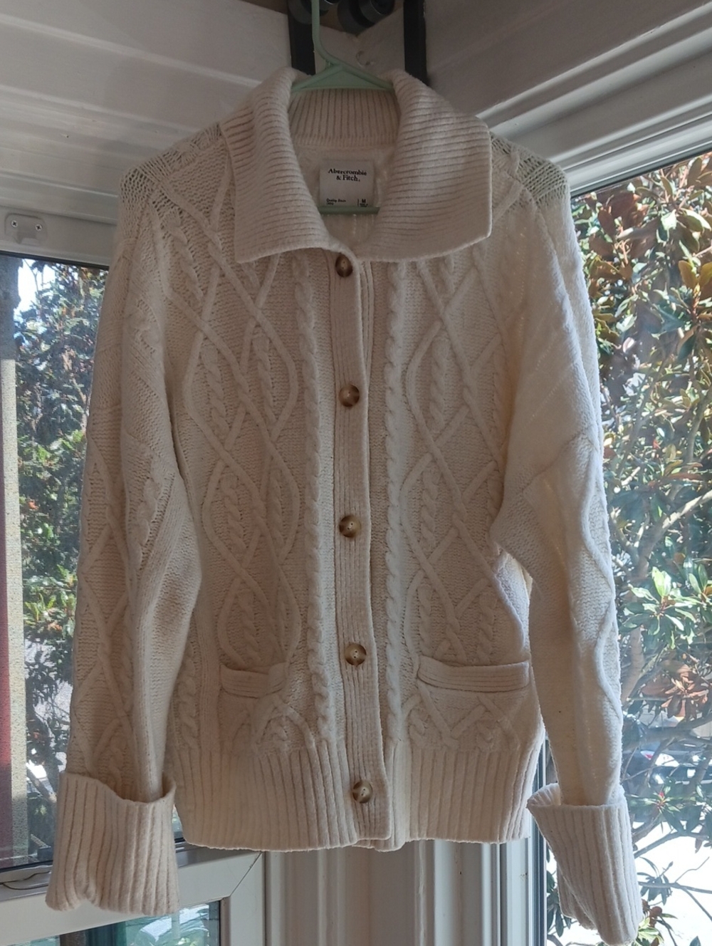 Abercrombie & Fitch Cream Cable Knit Button-Front Cardigan